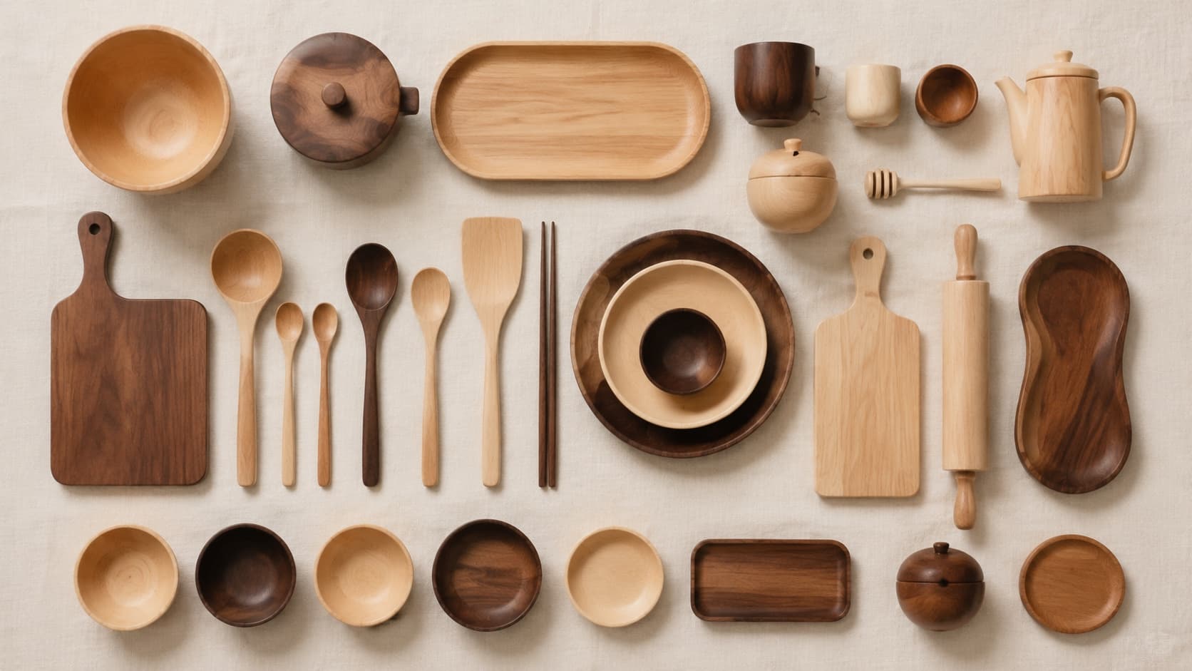 Complete solid wood kitchen set arranged as a clear quantity reference