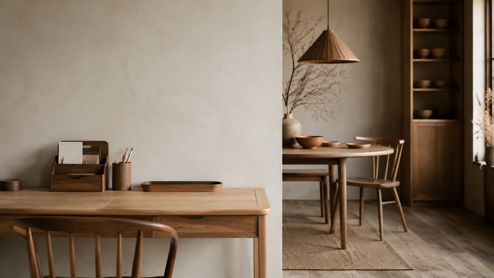 Oak desk and dining corner styled with ready-to-place solid wood home pieces