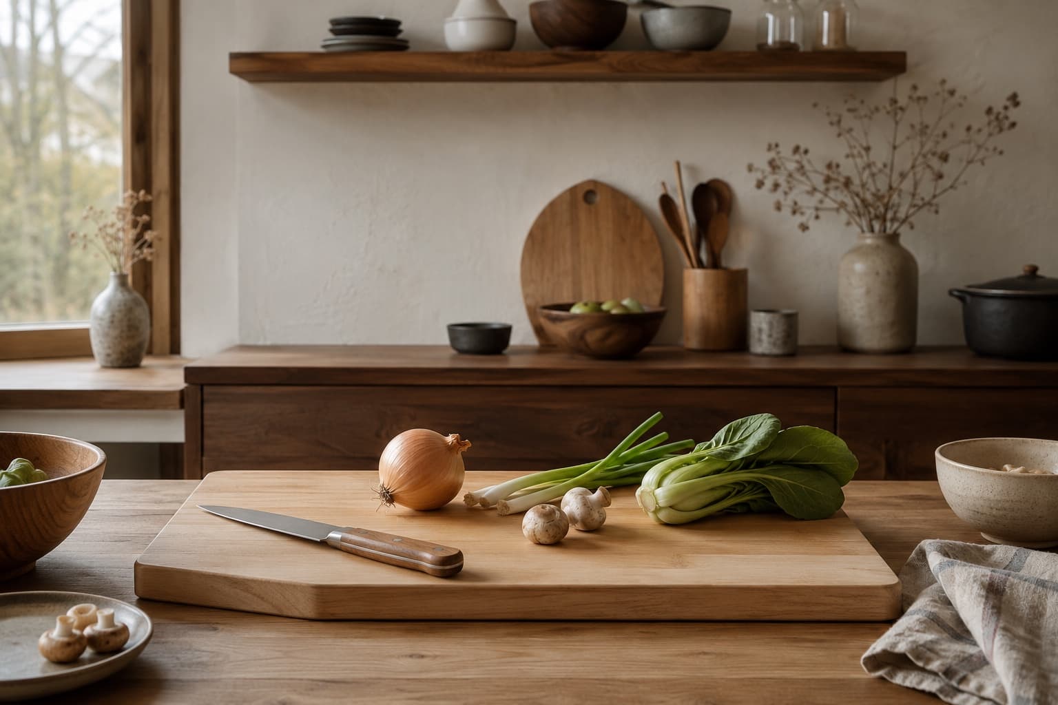 Solid Wood Chopping Board Duo shown in a natural home setting