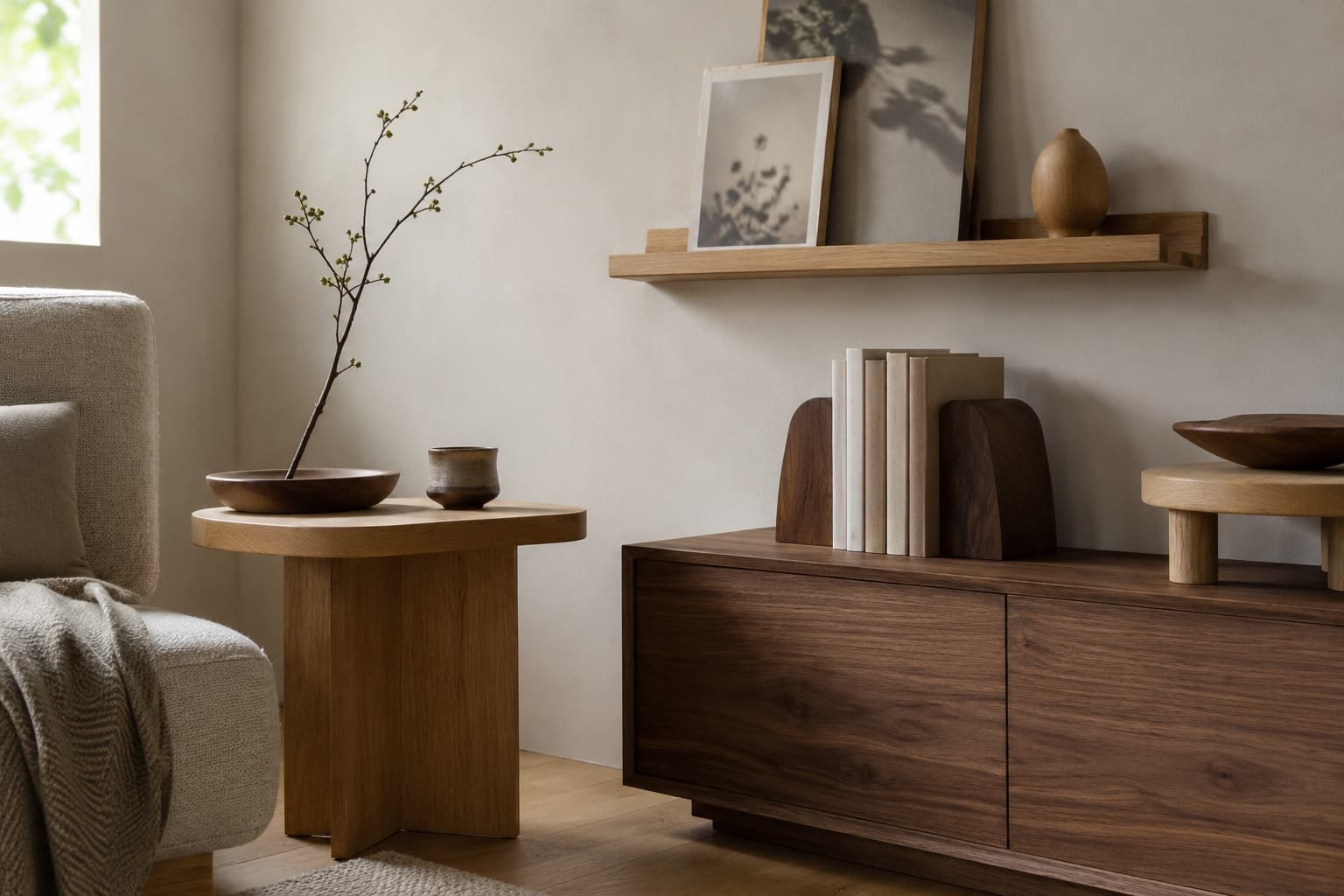 Oaknest side table, bookends, photo ledge and risers in a warm living corner