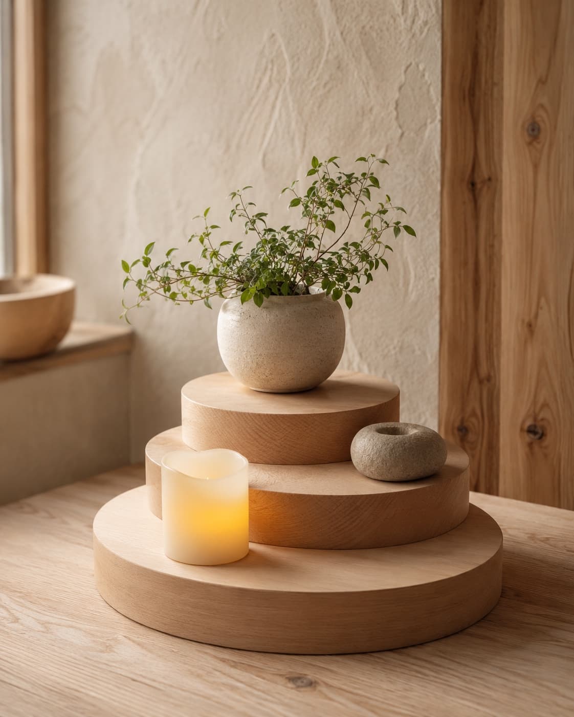 Three graduated wood risers with a plant and flameless LED candle