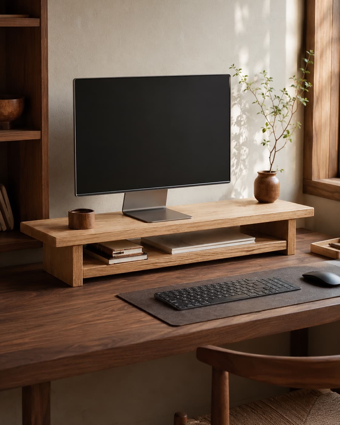 Solid wood shelf riser creating a raised level on a writing desk