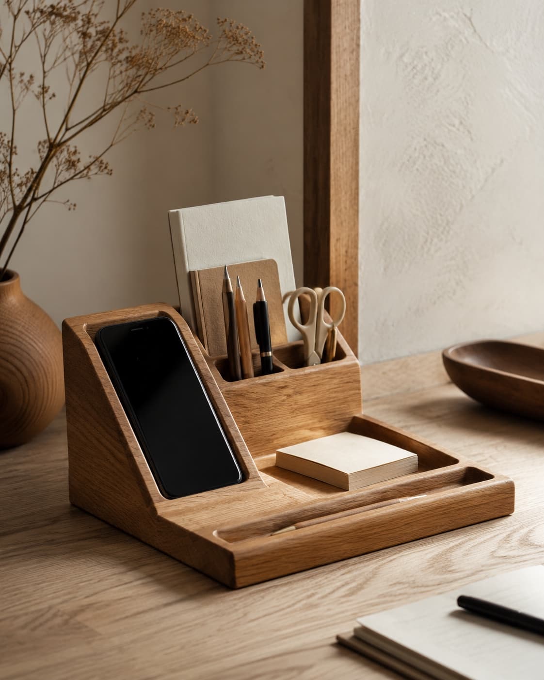 Solid oak organizer with compartments, pen groove and phone slot on a calm desk