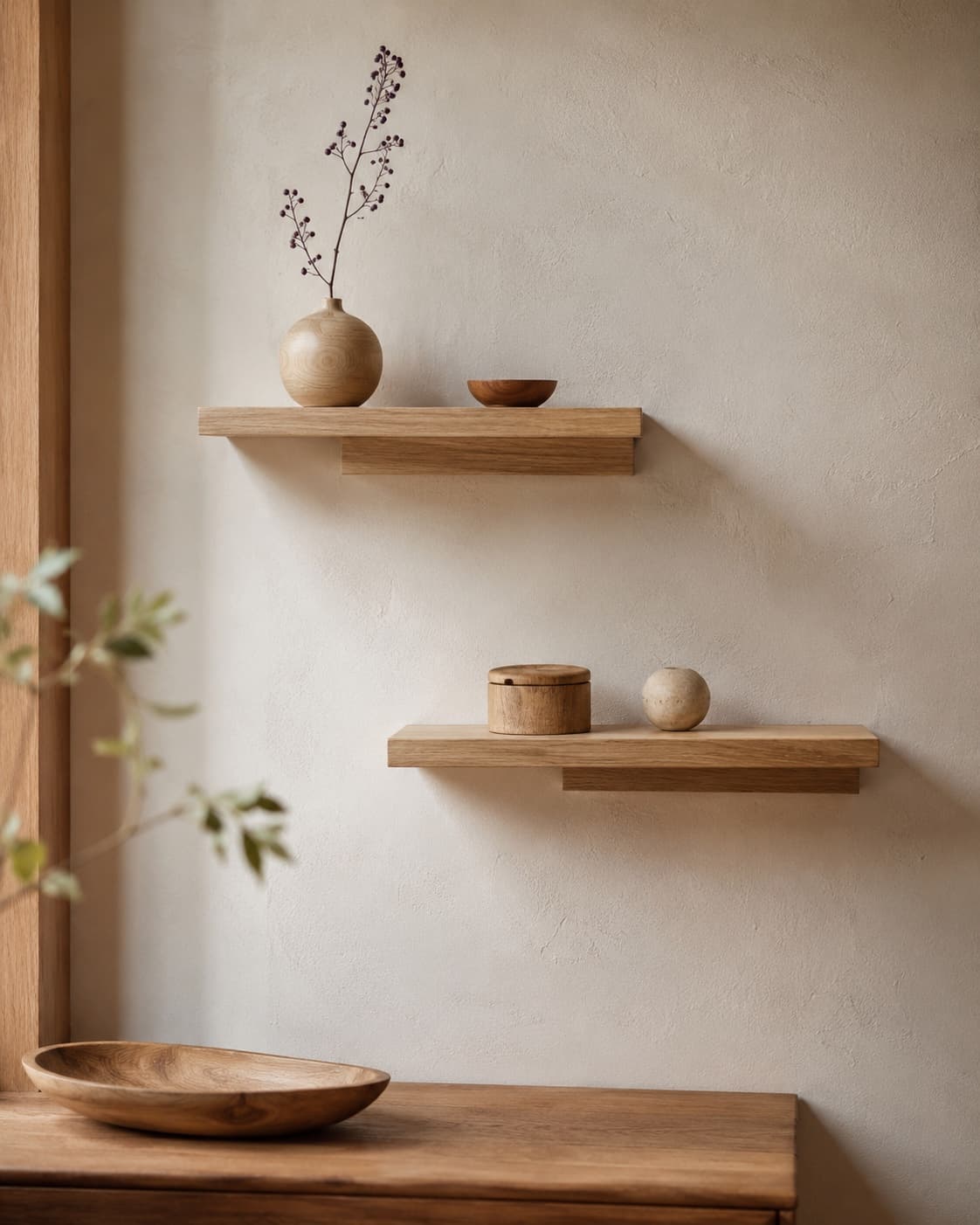 Two small solid wood stick-on shelves holding lightweight decor